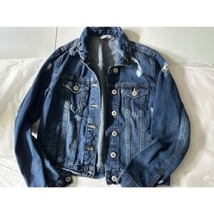 Blu Edit Womens Distressed Denim Jacket Dark Wash Button Front Trucker Size M